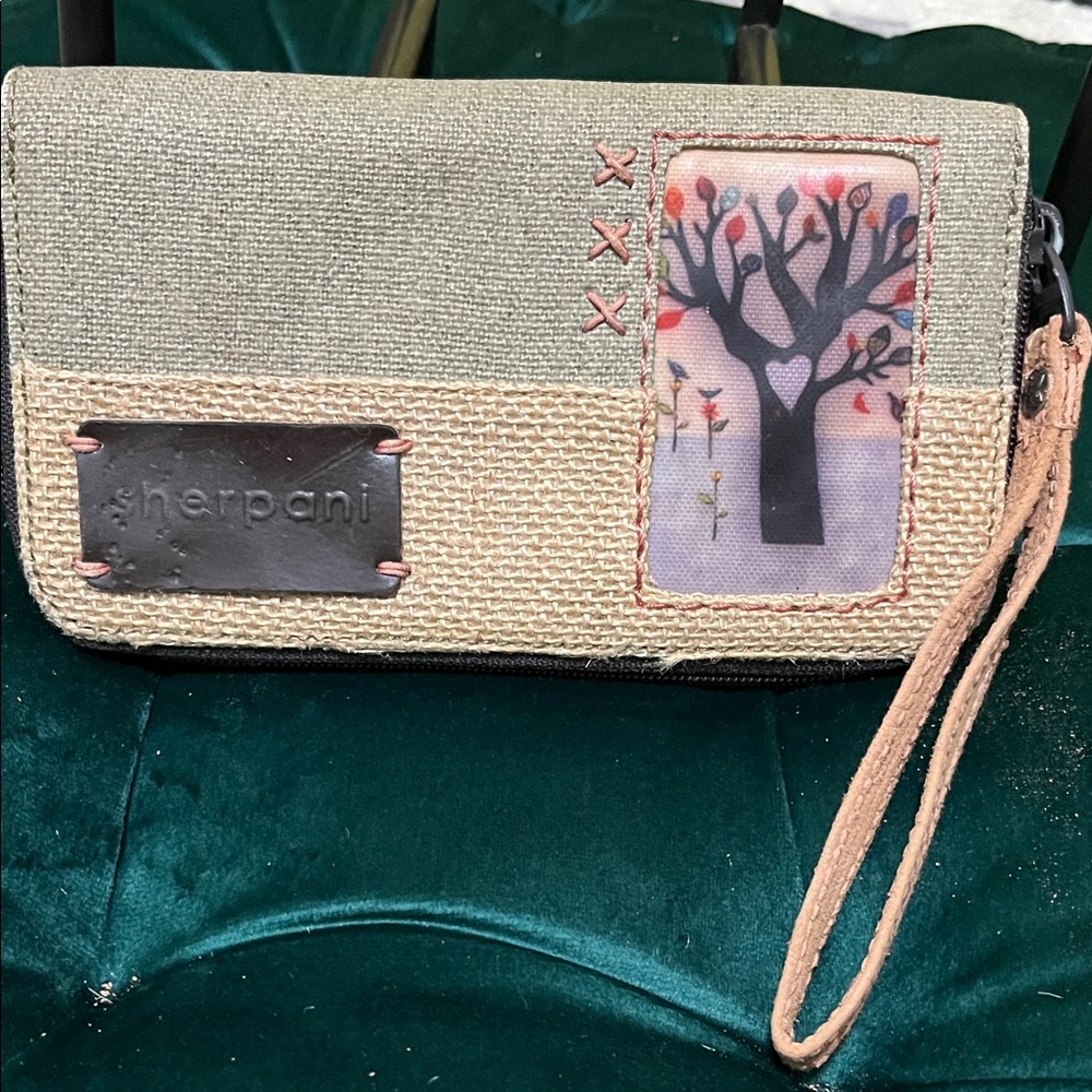 Sherpani Vintage Green and Tan Clutch Wallet with Tree Of Life Art
